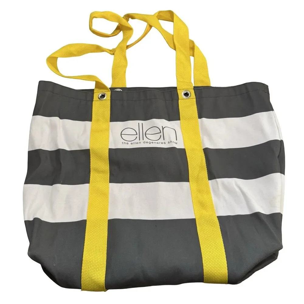 Ellen DeGeneres Tote Bag Canvas Cotton Yellow Gray White Striped